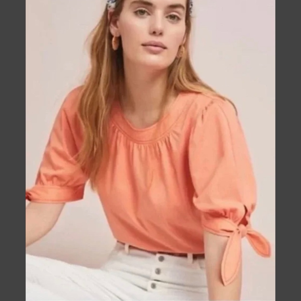 #1593 Anthropologie Orange Preppy Tie Puff Sleeve Blouse Peach Large